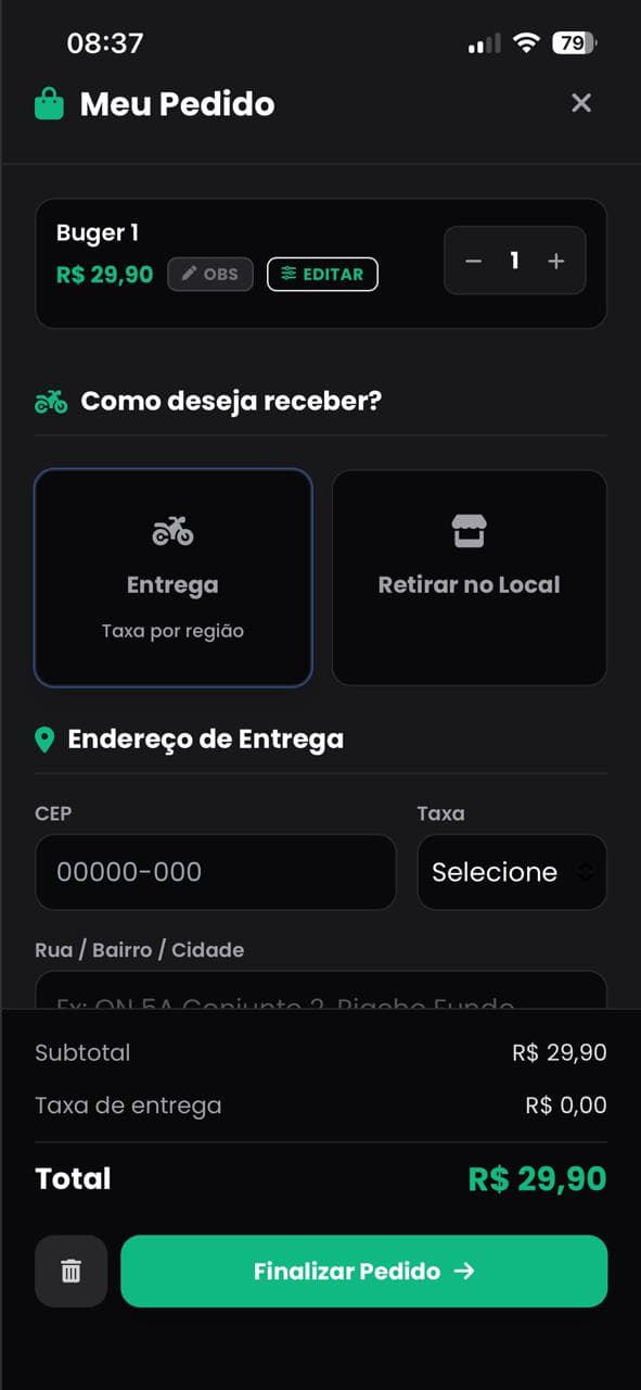 Cliente escolhendo entrega e finalizando o pedido