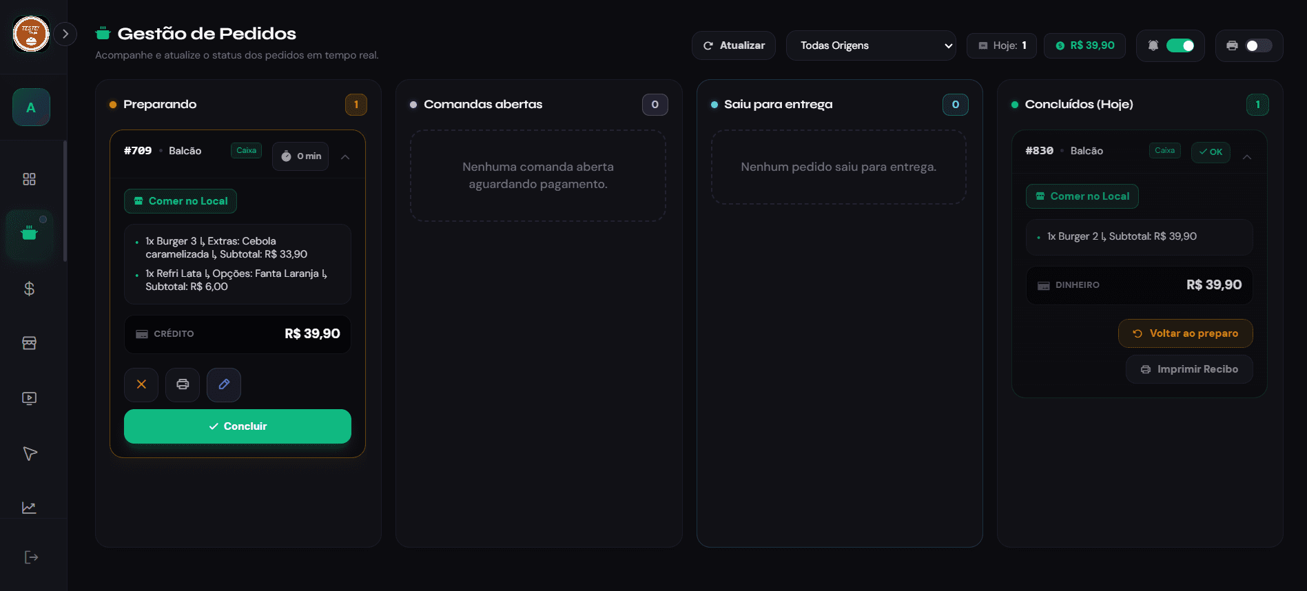 Gestão de pedidos do sistema para restaurantes