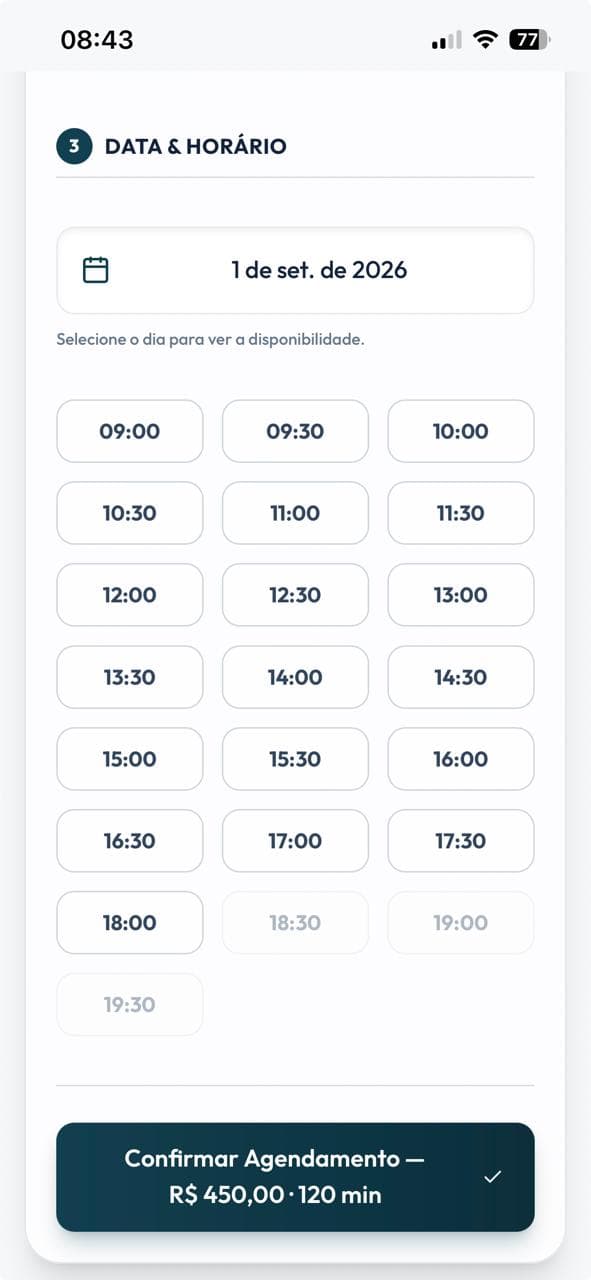 Cliente selecionando data e horário