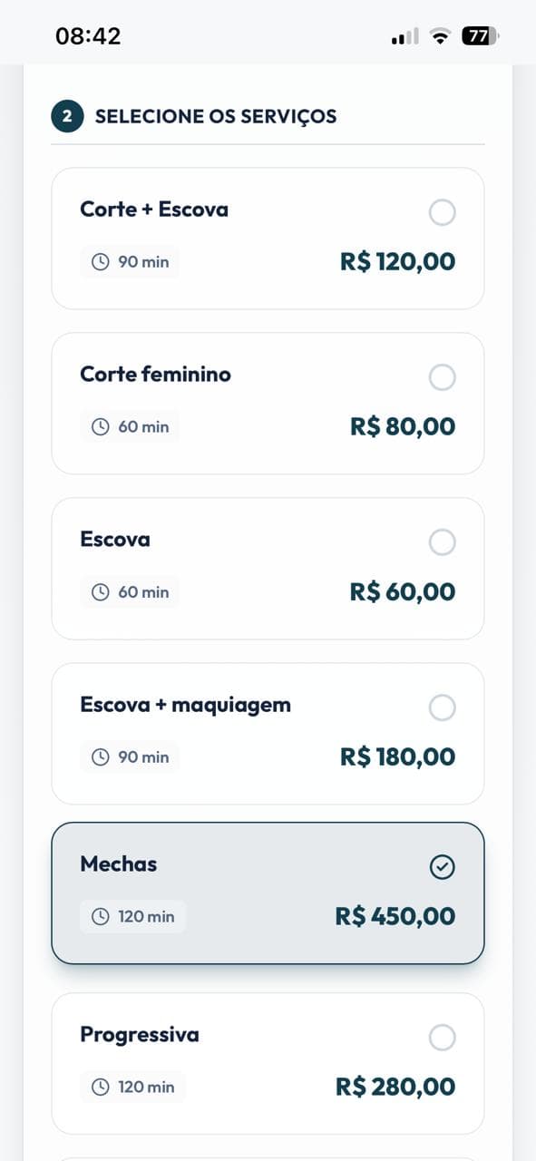 Cliente selecionando procedimento e consultando preço